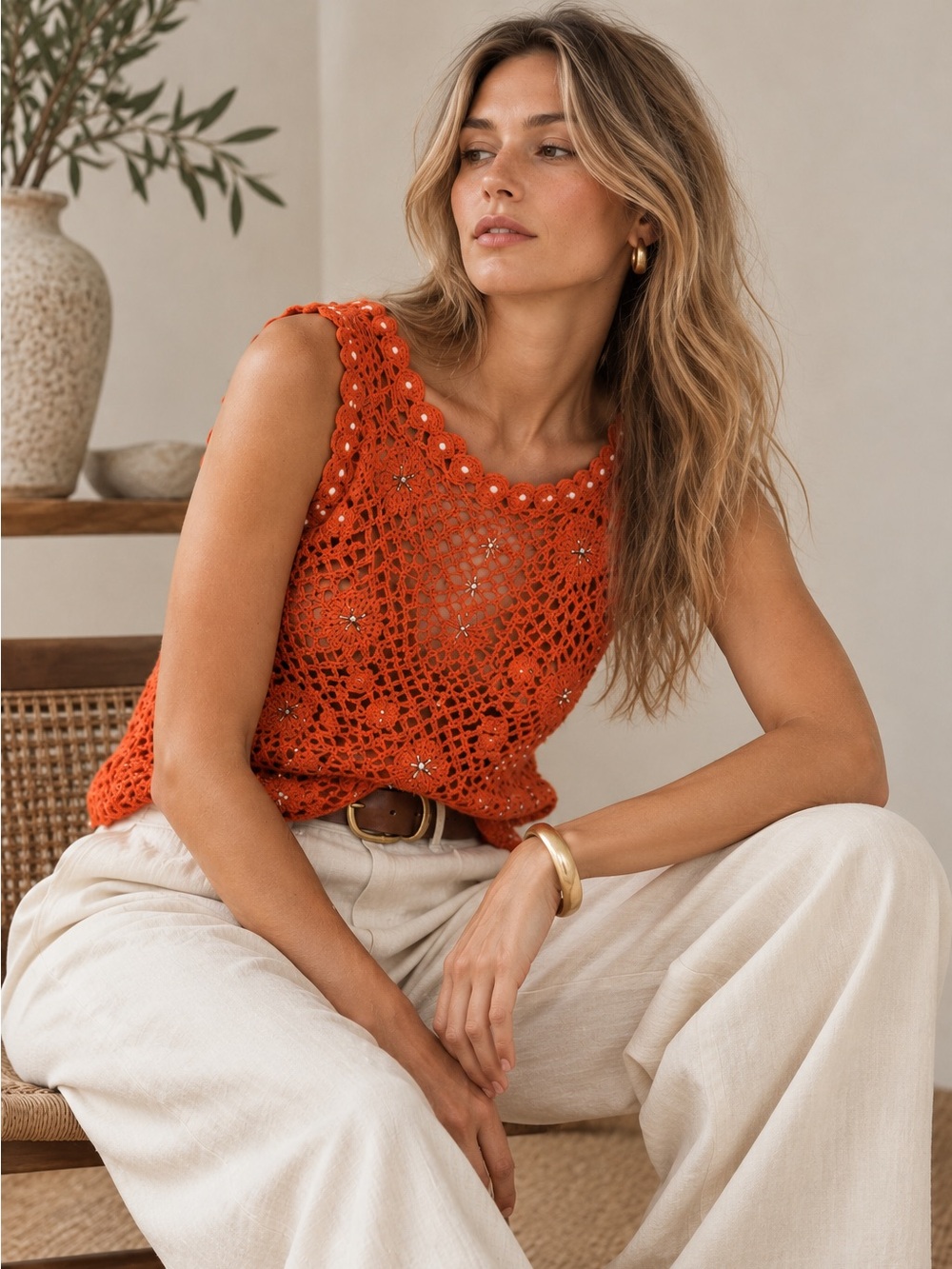 QIVIUK NWT Roxana Muskox Merino Silk Hand Knit Pearl Crochet Top M